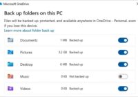 OneDrive Manage backup screen with Documents, Pictures and Desktop switched on