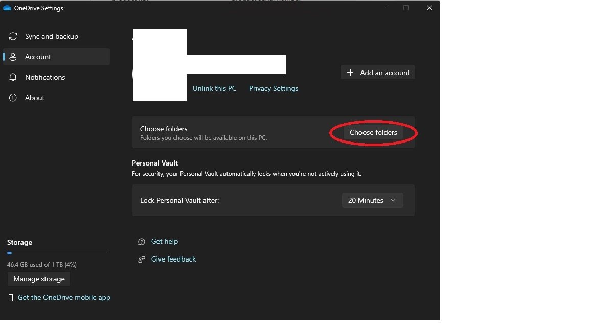 OneDrive Settings Account tab with the Choose folders button circled