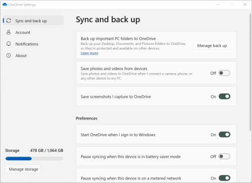 OneDrive Settings Sync and back up tab with startup toggle switched on