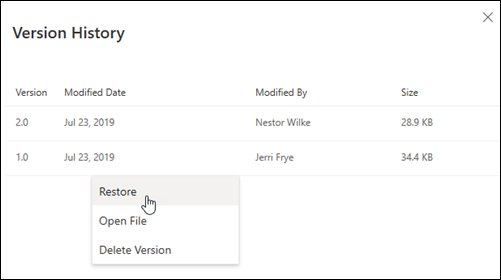 OneDrive Version History pane listing two saved file versions