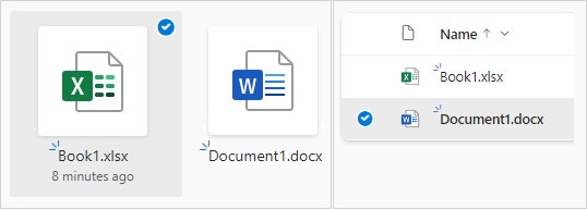 OneDrive file list with Document1.docx selected via its checkbox
