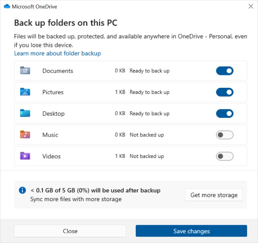 OneDrive folder backup dialog with Documents, Pictures and Desktop toggled on