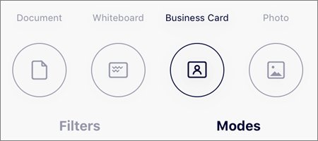 OneDrive iOS scan modes: Document, Whiteboard, Business Card and Photo icons