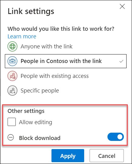 OneDrive link settings dialog with Allow editing and Block download options