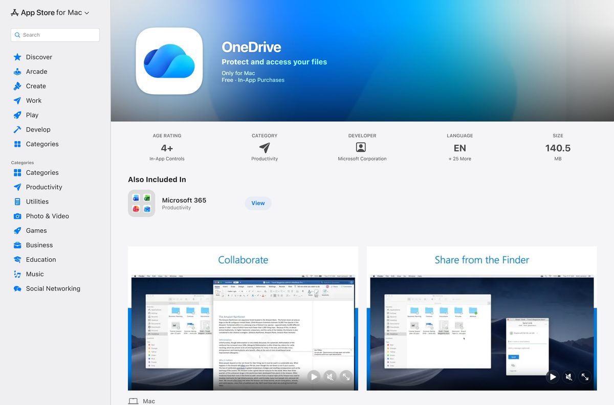 Mac App Store listing for OneDrive with its seller and price
