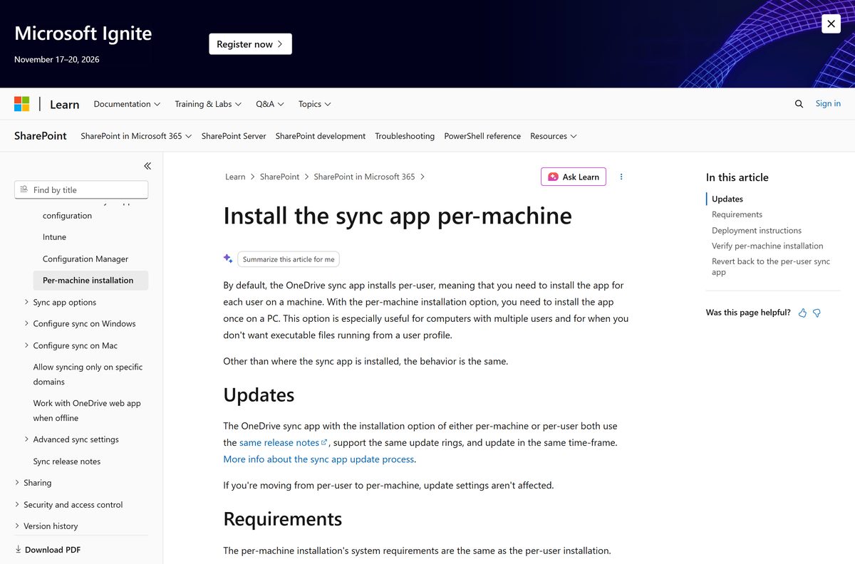 Microsoft Learn article on installing the sync app for all users