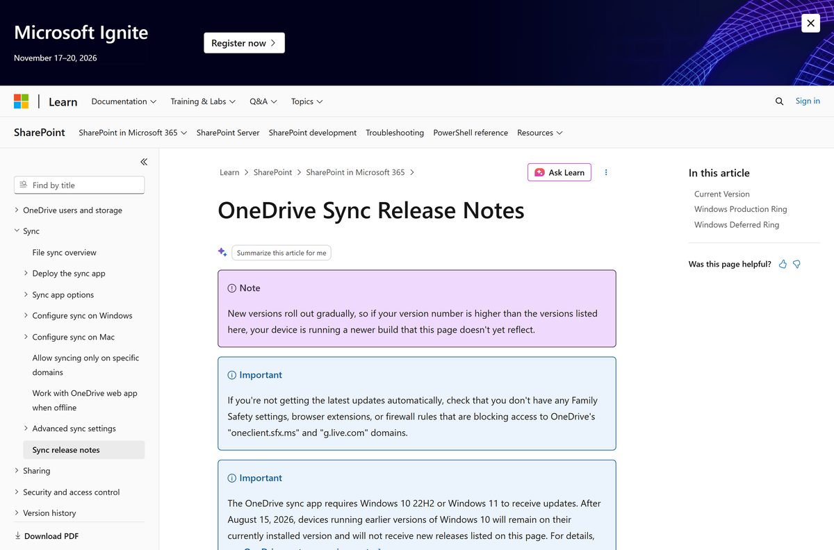 Sync release notes table showing Production and Deferred ring builds
