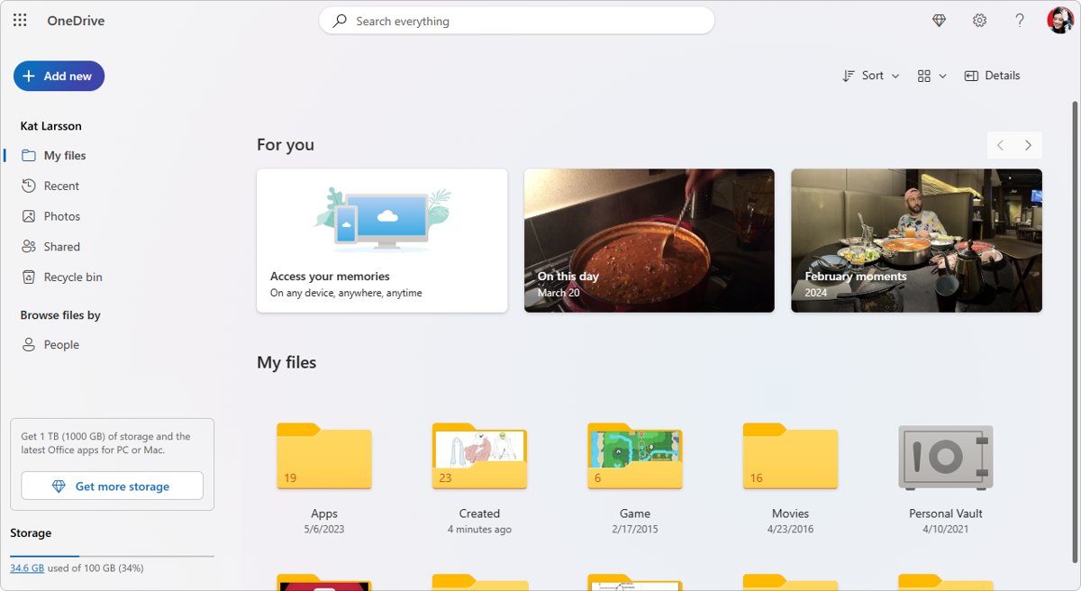 OneDrive.com My files view with folders, Personal Vault tile and storage bar