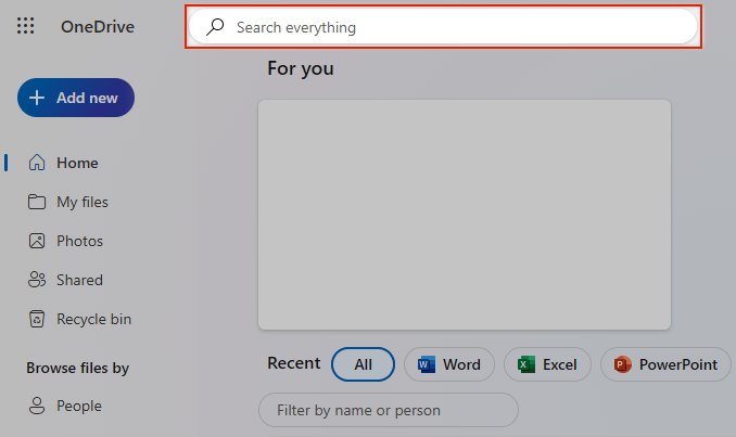 OneDrive.com search box highlighted above the For You section