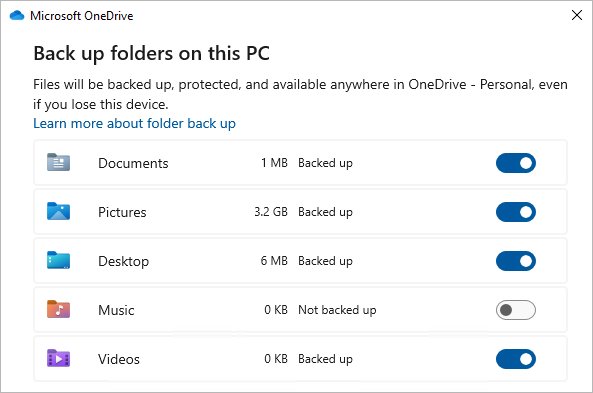 OneDrive's Back up folders on this PC dialog with Desktop and Documents toggled on
