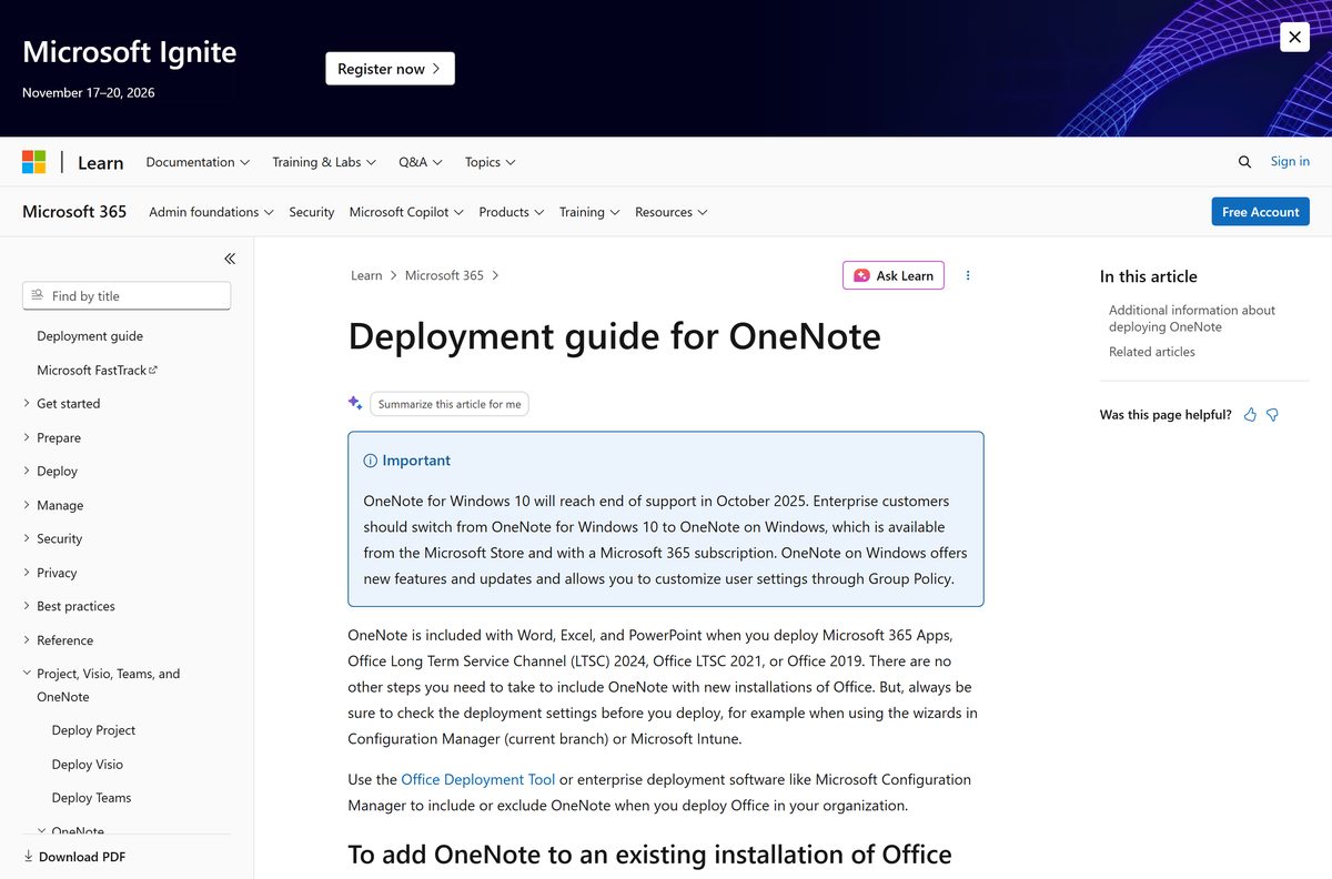 Microsoft Learn deployment guide for OneNote showing the configuration file