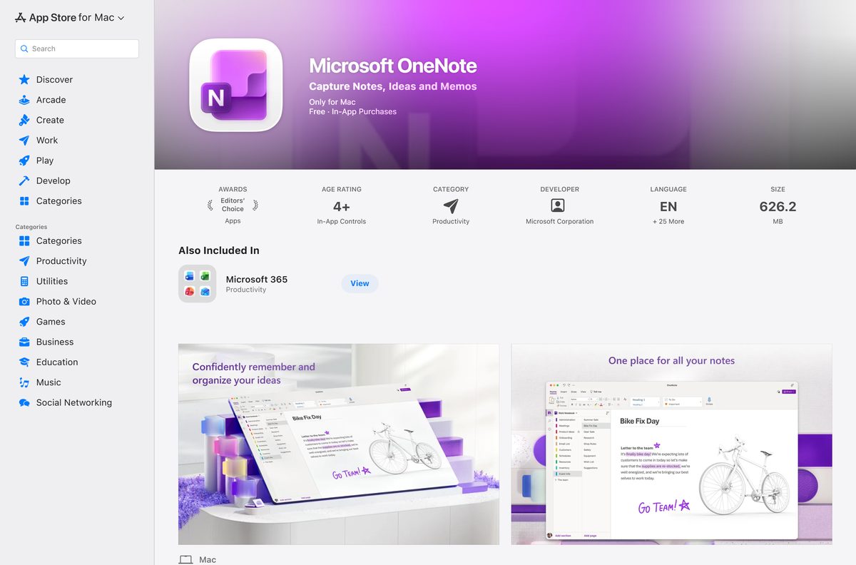 Mac App Store listing for OneNote with price and size