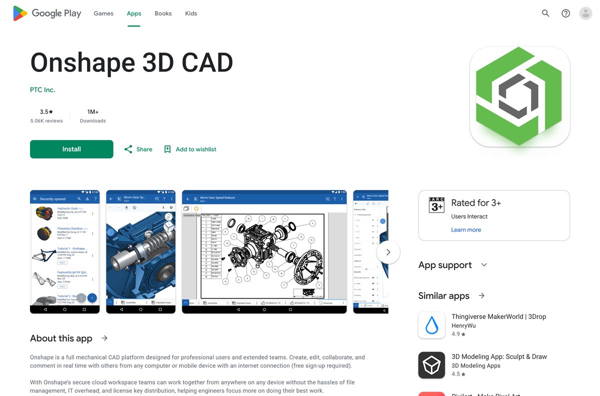 Google Play listing for Onshape 3D CAD with downloads and review count