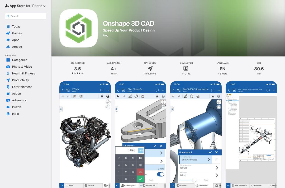 App Store listing for Onshape 3D CAD with its rating and seller