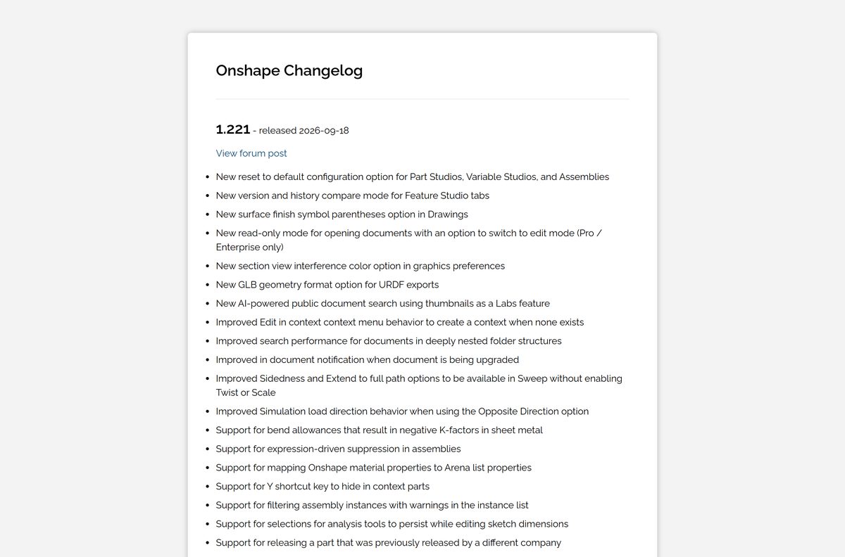 Changelog page listing the newest Onshape platform release and its fixes