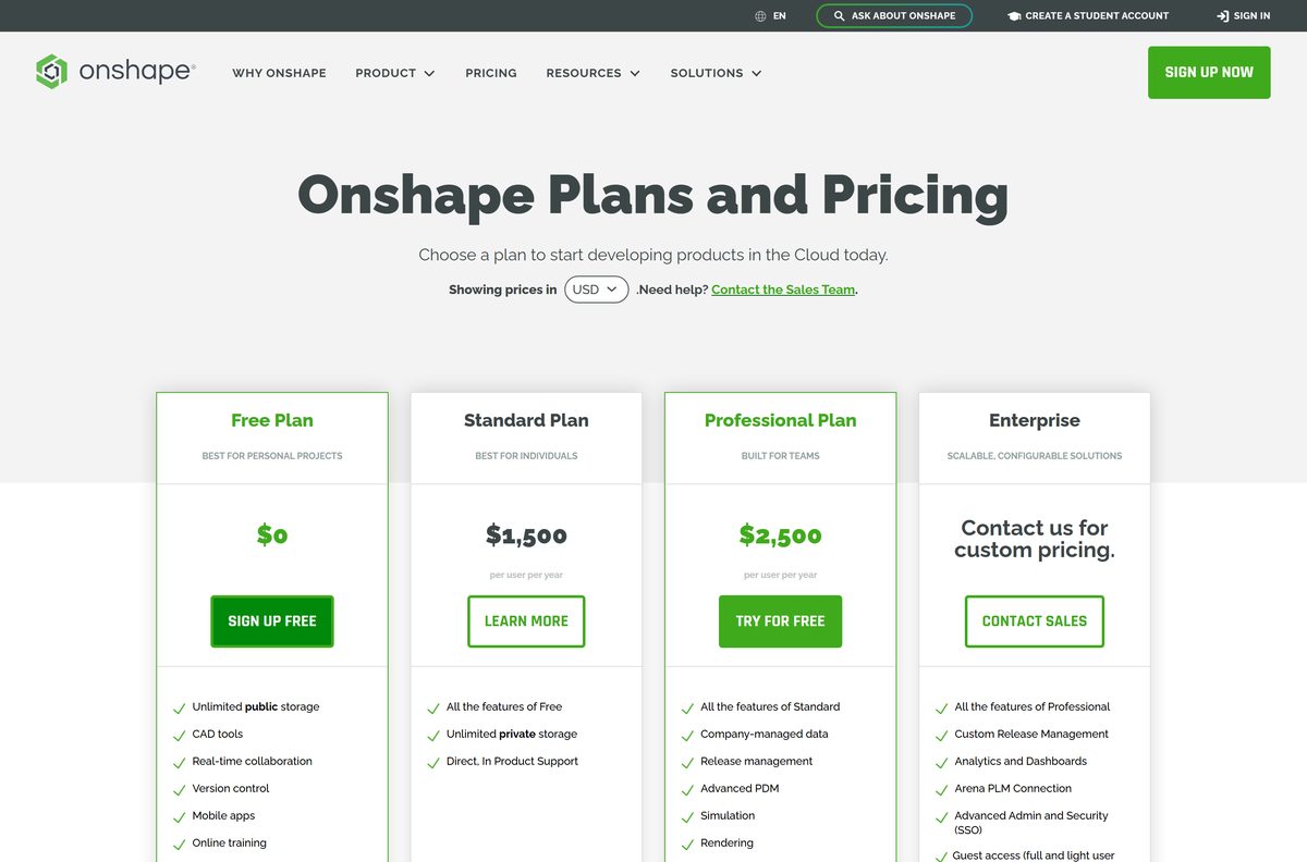 Plans and pricing page showing the four Onshape tiers side by side
