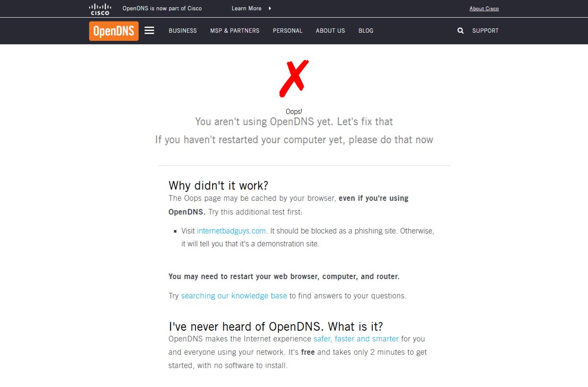 Oops page reporting a device isn't using OpenDNS yet