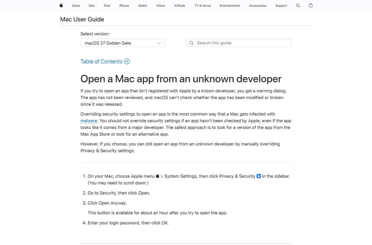 Apple guide to approving Glorious CORE in Privacy and Security