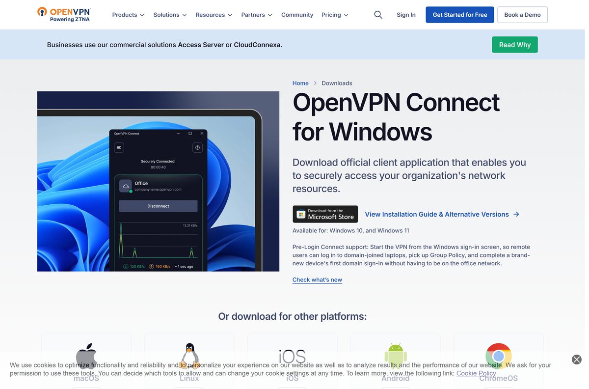 OpenVPN Connect client page with the Windows download and platform picker