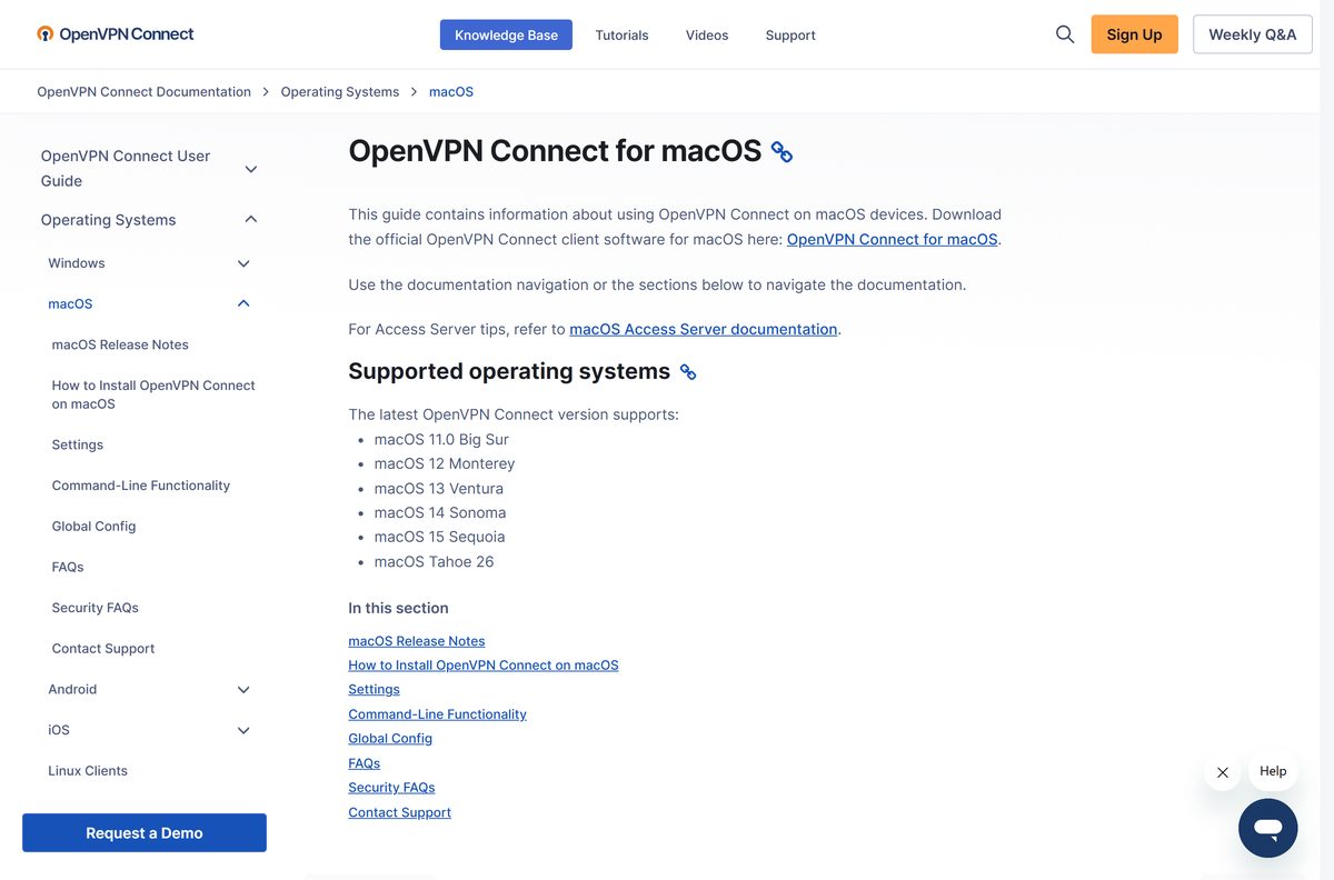Documentation page listing supported macOS versions for OpenVPN Connect