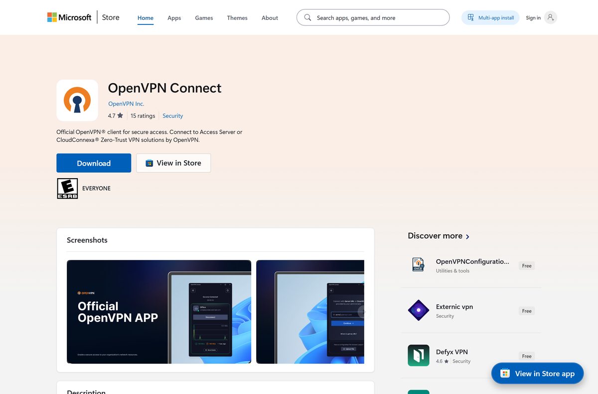Microsoft Store page for OpenVPN Connect with its publisher and rating