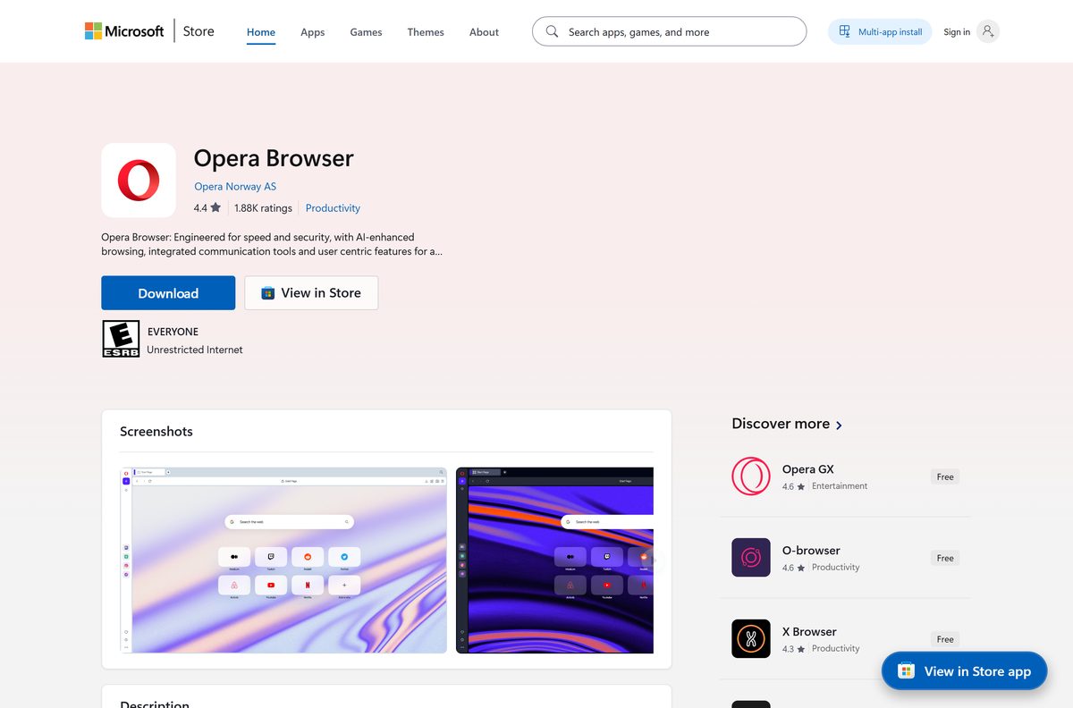 Microsoft Store listing for Opera with its publisher and install button