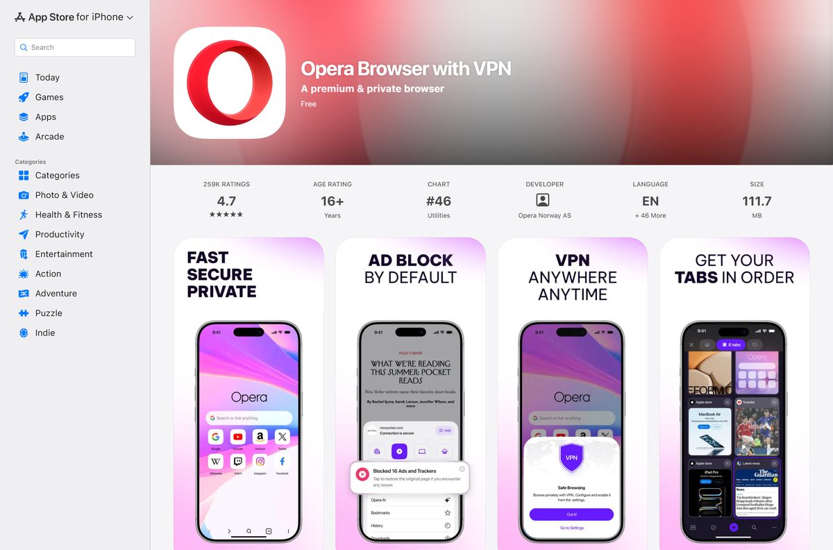 App Store listing for Opera's iPhone browser with a Get button