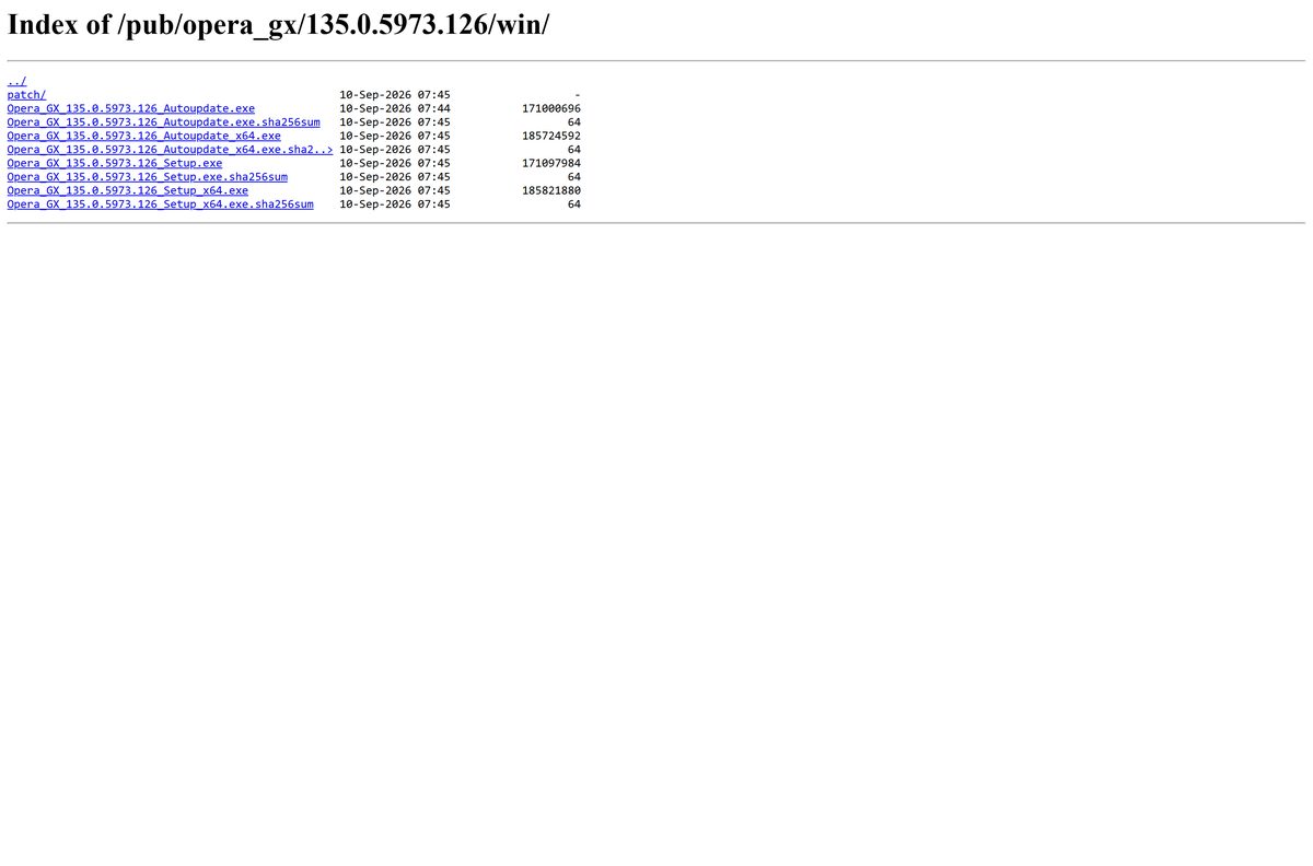 Opera release directory listing the Windows setup files and checksums
