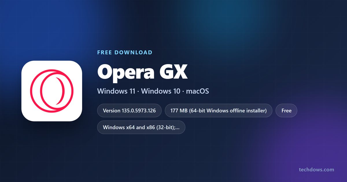 Opera GX logo with version, size and supported systems