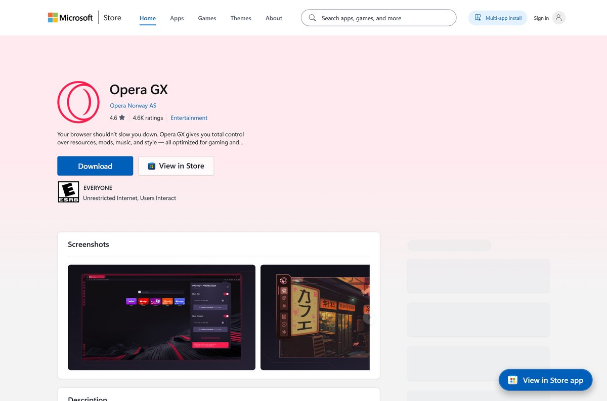 Microsoft Store listing for Opera GX published by Opera Norway AS