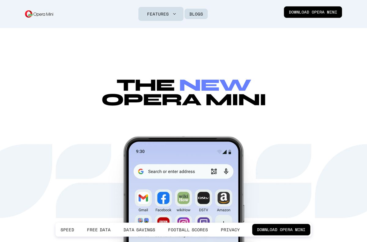 Opera Mini home page showing data savings and free data
