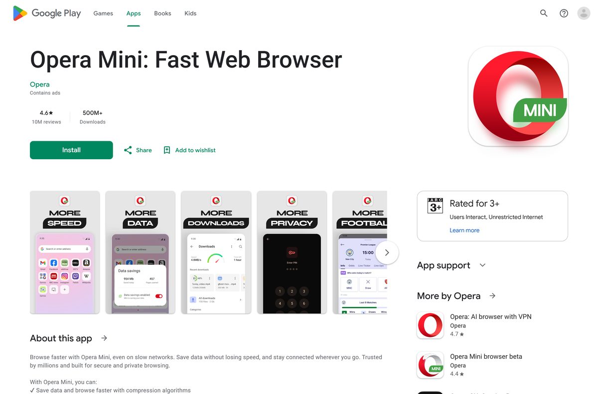 Google Play listing for Opera Mini with its Install button