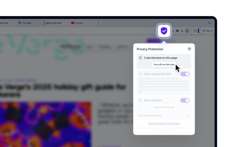 Opera Privacy Protection panel with cursor on the Turn off on this site button
