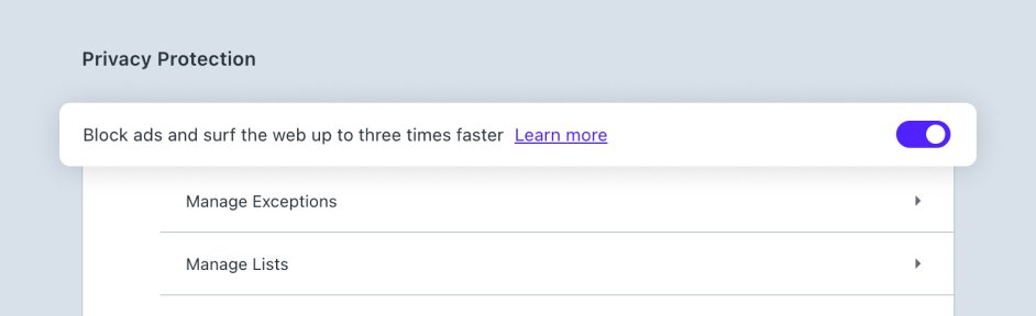 Opera Settings Privacy Protection page with the Block ads toggle switched on