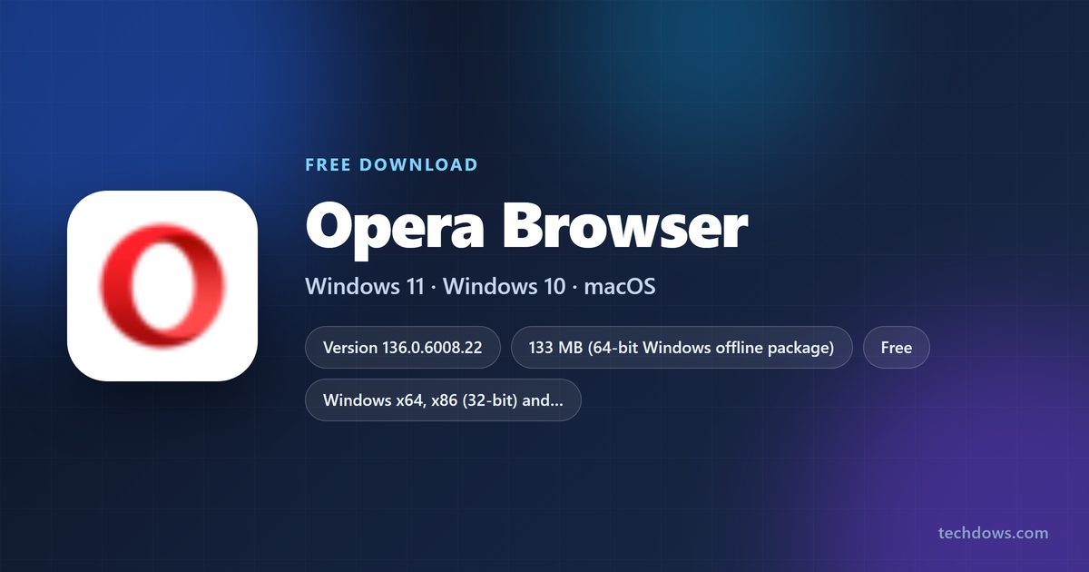 Opera browser logo with version, size and supported systems