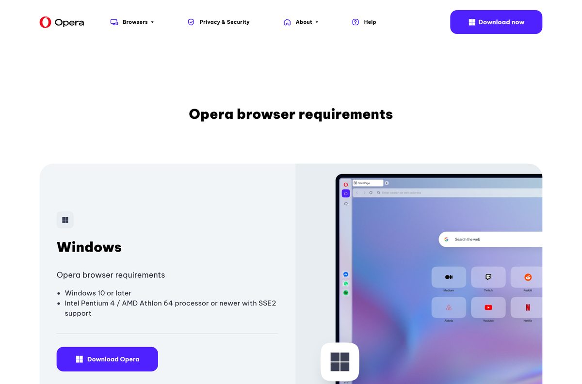 Opera system requirements page listing Windows, macOS and Linux minimums