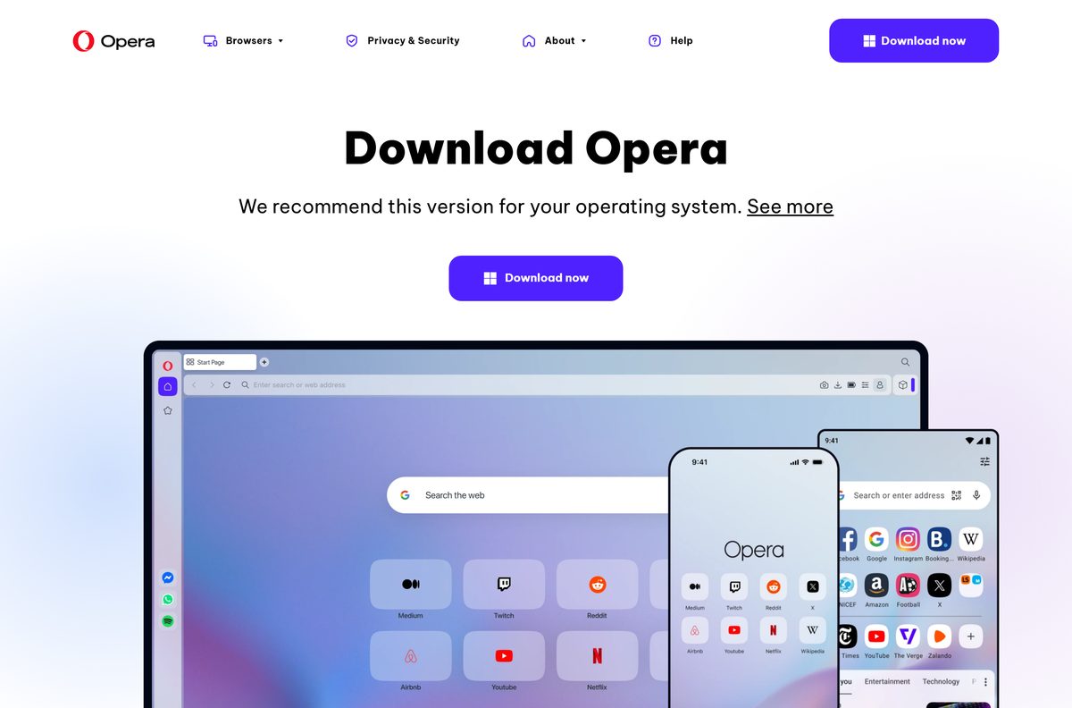Opera download page with the Opera Mini APK link