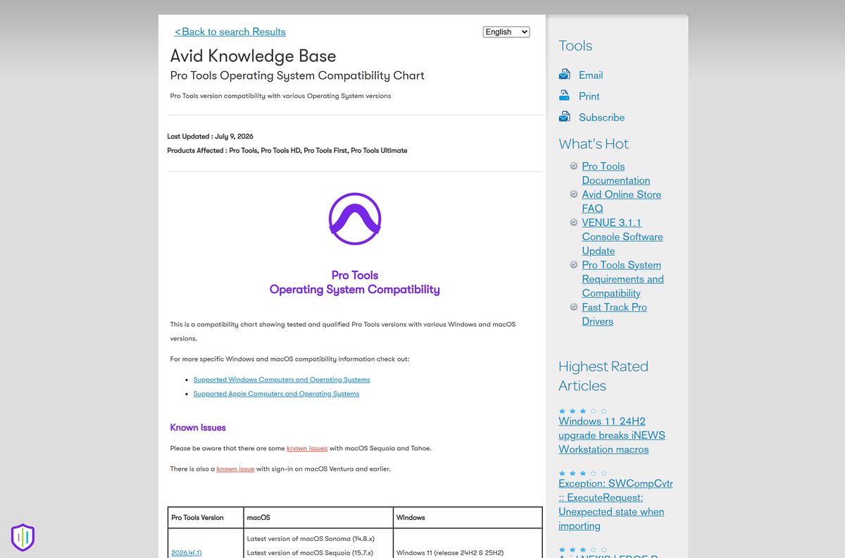Avid compatibility chart matching each release to qualified Windows and macOS versions