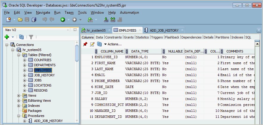 Oracle SQL Developer main window showing Connections navigator and EMPLOYEES table