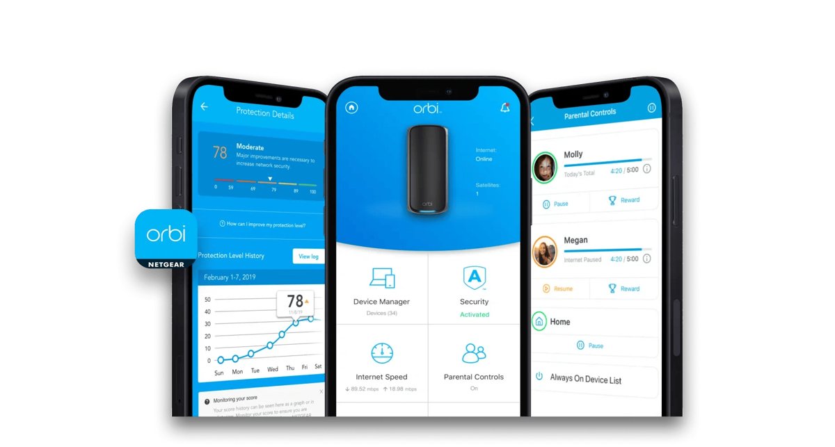 Orbi app dashboard showing Device Manager, Security and Parental Controls tiles