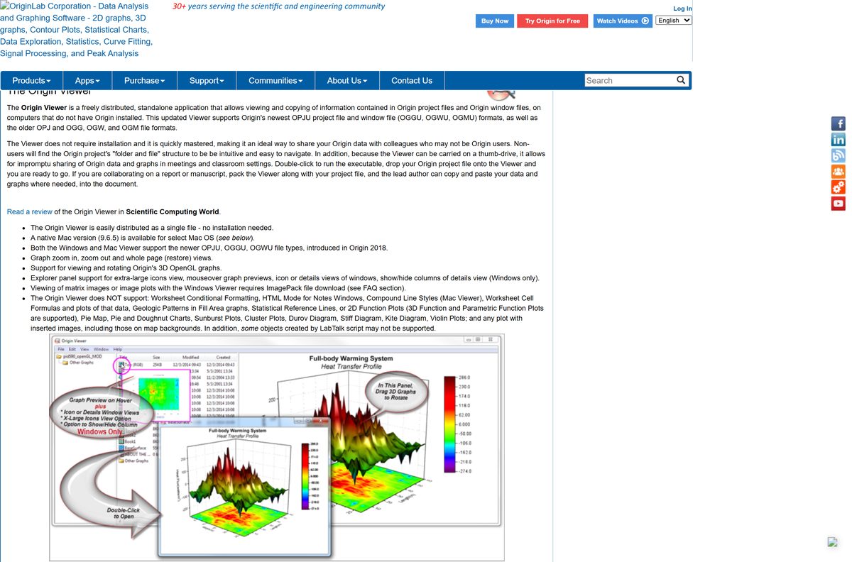 OriginLab page describing the free viewer and its system requirements