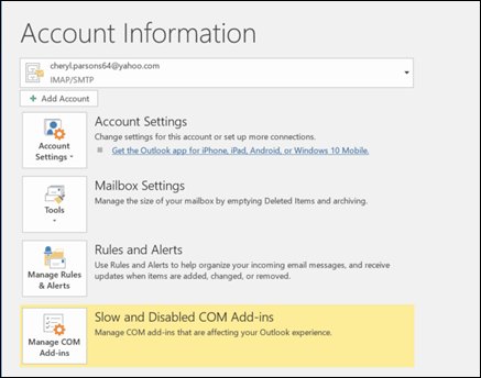Outlook Account Information screen for a Yahoo IMAP account, no Automatic Replies button