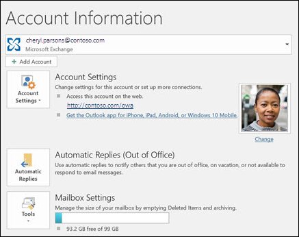 Outlook File menu Account Information screen with Automatic Replies button
