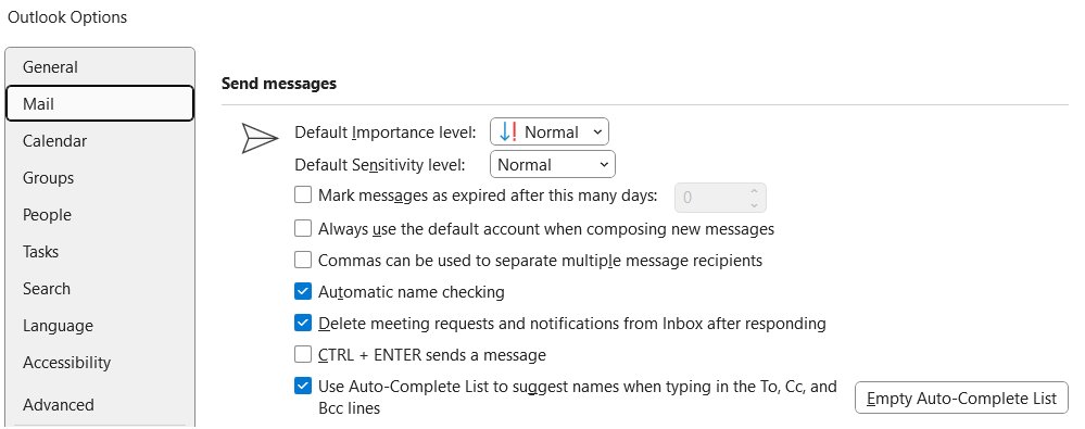 Outlook Mail options with Empty Auto-Complete List button visible