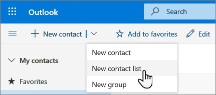 Outlook New contact menu open with New contact list highlighted