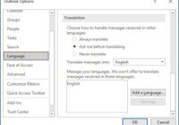 Outlook Options dialog showing email translation preferences under Language settings