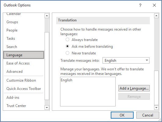 Outlook Options dialog showing email translation preferences under Language settings