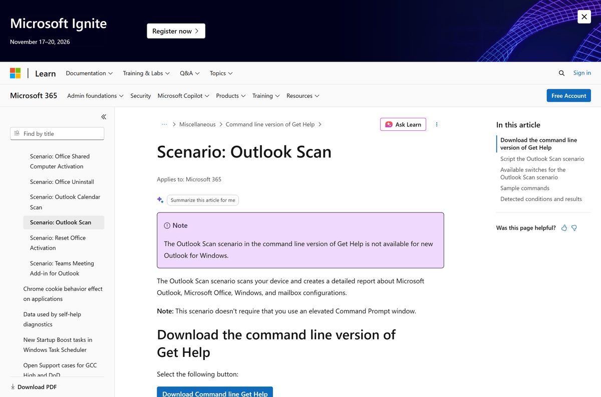 Outlook Scan scenario reference with its command line switches
