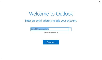 Outlook Welcome screen asking for an email address to add
