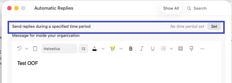 Outlook for Mac Automatic Replies window with schedule and inside-message fields